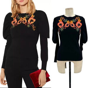 Karen Millen Embellished Puff-Sleeve Sweater Black Floral Size Medium‎